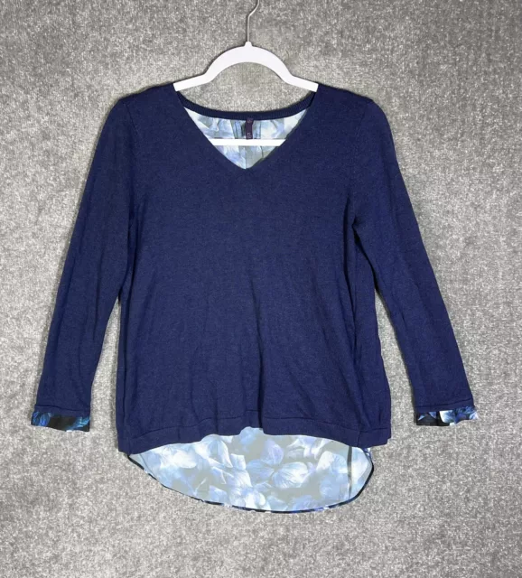 NYDJ Split Back Floral V-Neck Knit Sweater Top Womens Size Petite Small PS Blue