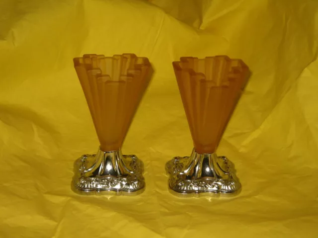 A Pair of Art Deco Frosted Amber Bagley Grantham Glass Posy Vases Reg. 27633
