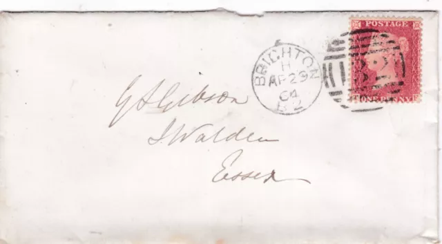 1864 QV FINE 1d PENNY RED STAMP ON BRIGHTON COVER TO SAFFRON WALDEN ESSEX