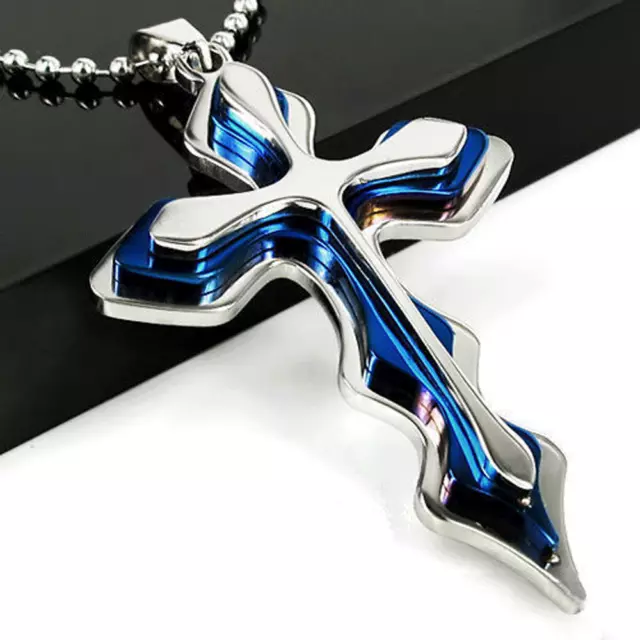 Collier Pendentif Croix BLEU Acier Inox Crucifix Unis Femmes Chaîne GRATUITE 2