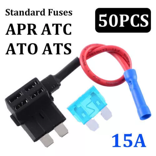 50Pcs Car Add-a-circuit Medium Size Micro Blade Fuse Holder Adapter Kit 15A Fuse