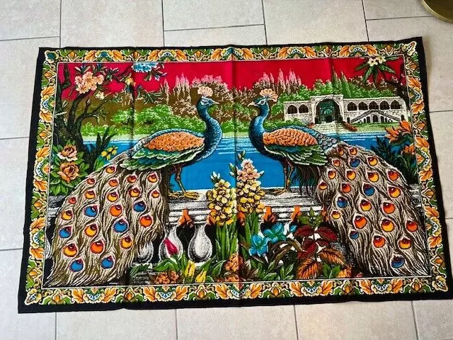 Vintage Mid Century 39X59 Peacock Wall Hanging Tapestry Made In Lebanon Mint