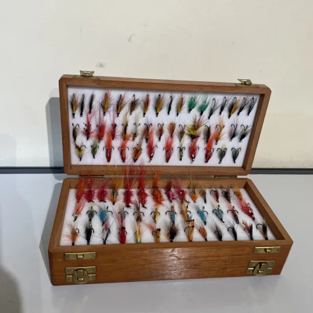 Richard Wheatley Double Wooden Fly Box With 128 Salmon Flies
