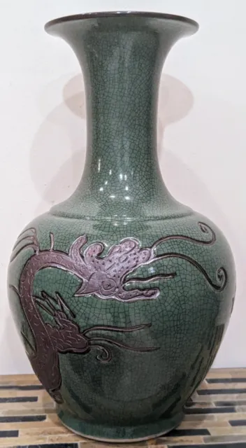 Pair chinese antique crackled glaze porcelain vases Dragon Large 22"