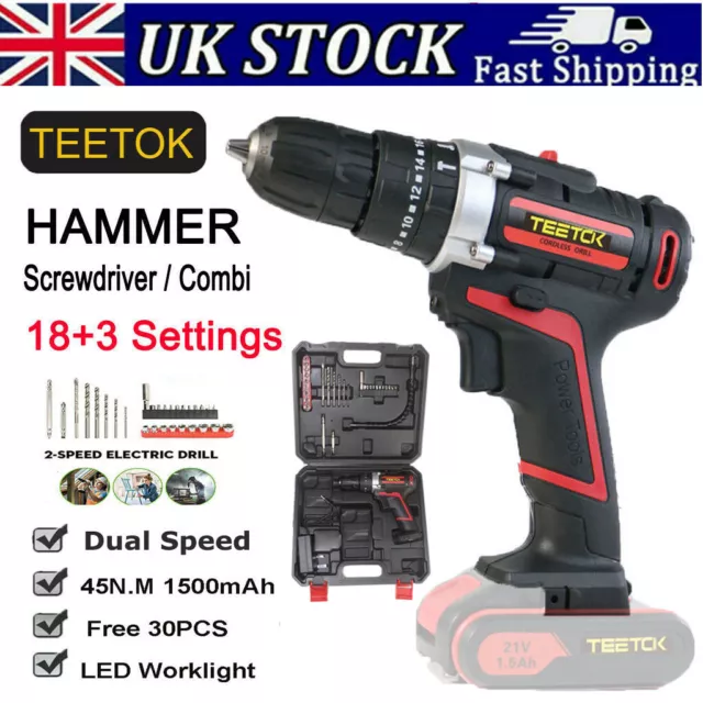 21V Cordless Combi Hammer Impact Drill Driver Electric Screwdriver w/Battery UK