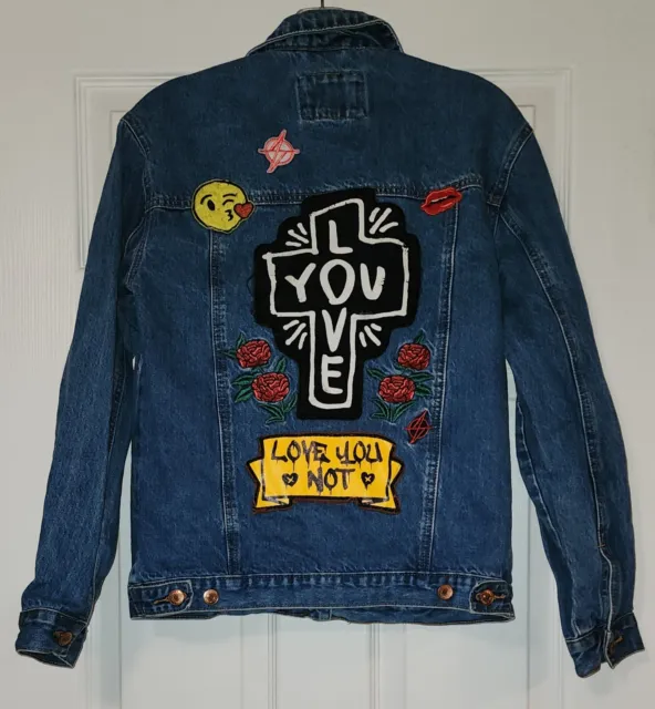 Forever 21 Love You Not Denim Jacket  S Patches Distressed Lips Roses Kiss Women