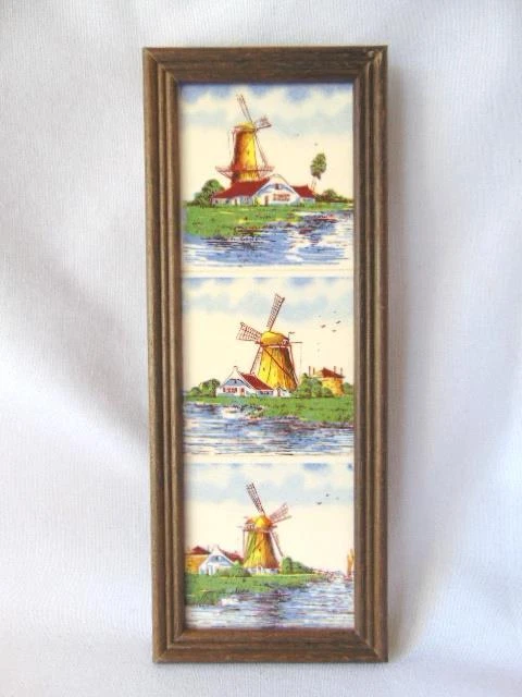 Vintage Framed HOLLAND Hand Painted Tichelaar Makkum Dutch Windmill Scenes TILES
