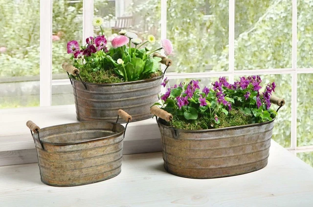 Metall Wanne Holzgriff Pflanzer Blumen Kasten Kübel Topf Zink Deko Eimer 3er Set