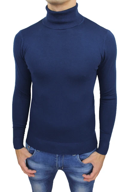 Diamond Maglione Uomo Dolcevita Blu Slim Fit Casual Invernale A Collo Alto