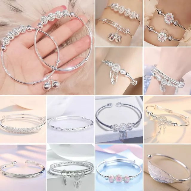 925 Silver Women Dreamcatcher Lucky Beads Charm Cuff Bracelet Bangle