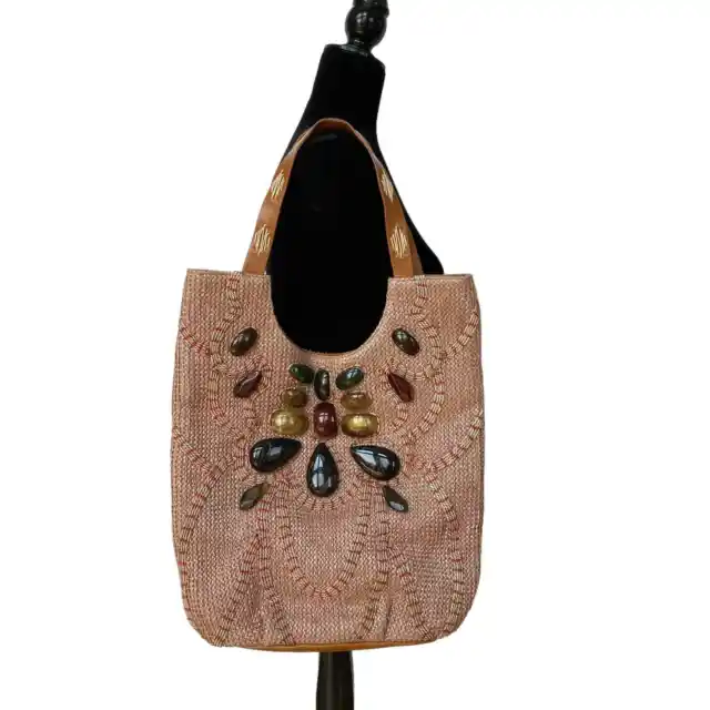 Chico's Tote Bag Straw Faux Leather Stones Beaded Tan Brown Purse 16"x14"x4"