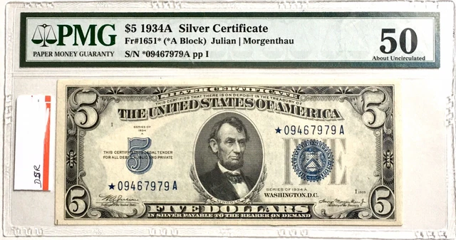 1934-A SILVER CERTIFICATE $5 PMG 50 ABOUT UNCIRCULATED STAR Fr. 1651* BLUE SEAL