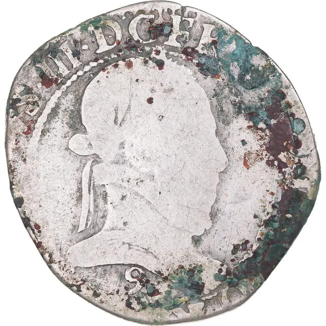 [#342540] Coin, France, Henri III, 1/2 Franc au col plat, 1576, Rennes, VF, Sil,