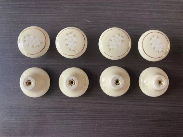 Lot of 8 Vintage 1.5 Porcelain White Floral Painted Drawer Pulls Cabinet Knobs