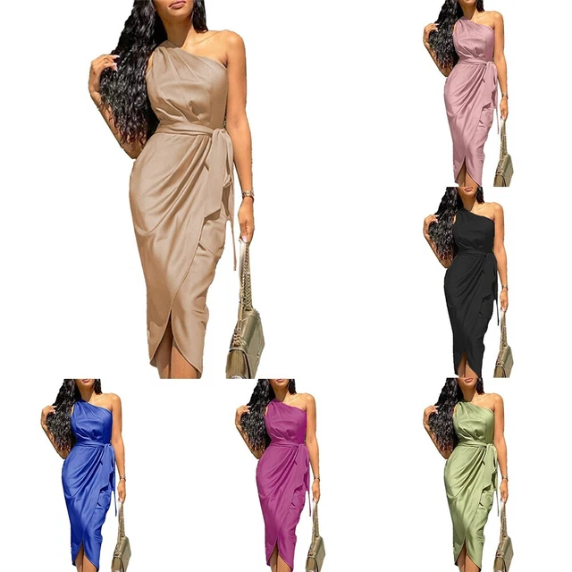 Robe sans Manche Femme Robe de Cocktail une Épaule Robe Soirée Satin Visage