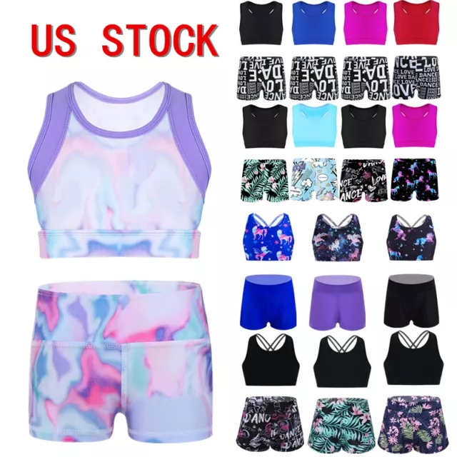 US Kids Girls Sport Dance Outfits Gymnastic Exercise Crop Top with Shorts Sets