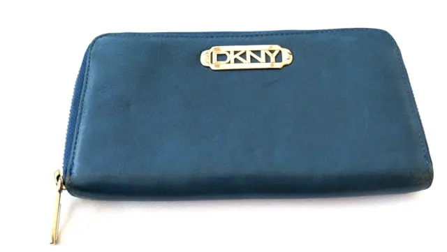 DKNY Wallet Womens Blue Faux Leather Purse Zip Around Multi Compartment Logo