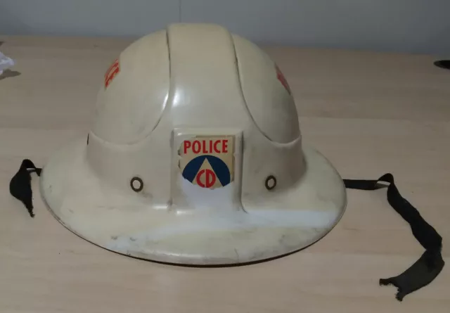 Vintage White Hard Plastic "Police CD" Helmet Hard Hat 