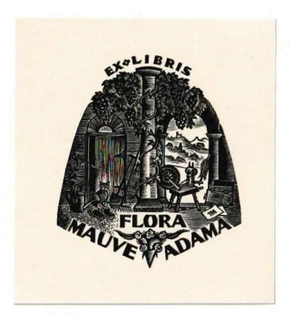 THIJS MAUVE: Exlibris für Flora Mauve-Adama, Spinnrad, Katze, Weintrauben