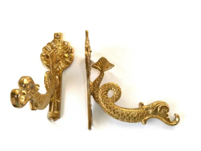 Pr. Solid Brass Neptune God Of The Sea & Dolphin Fish Wall Coat Hat Towel Hooks