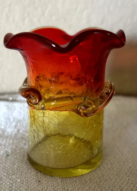 Vintage MCM Hand-Blown Applied Ruffle Amberina Crackle Glass Bud Vase