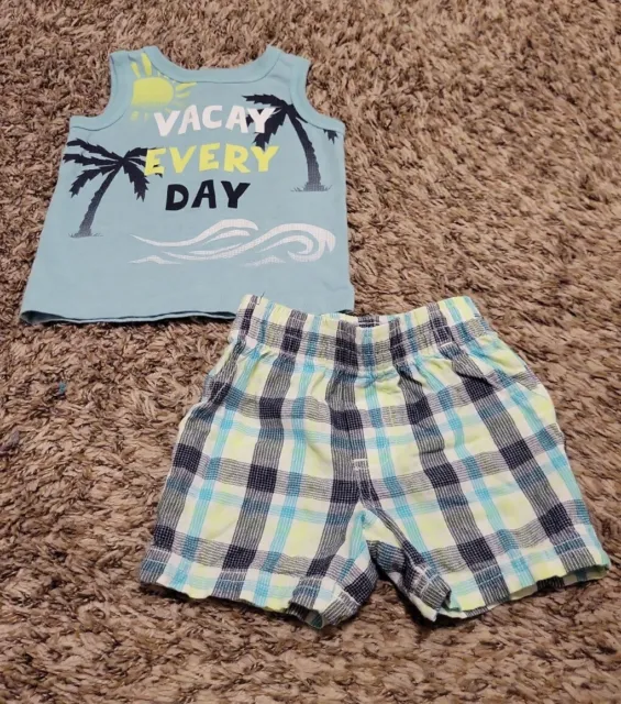 Koala Baby Infant Boys 2 Piece Blue Outfit Tank Top Plaid Shorts 3-6months