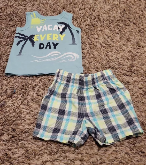 Koala Baby Infant Boys 2 Piece Blue Outfit Tank Top Plaid Shorts 3-6months