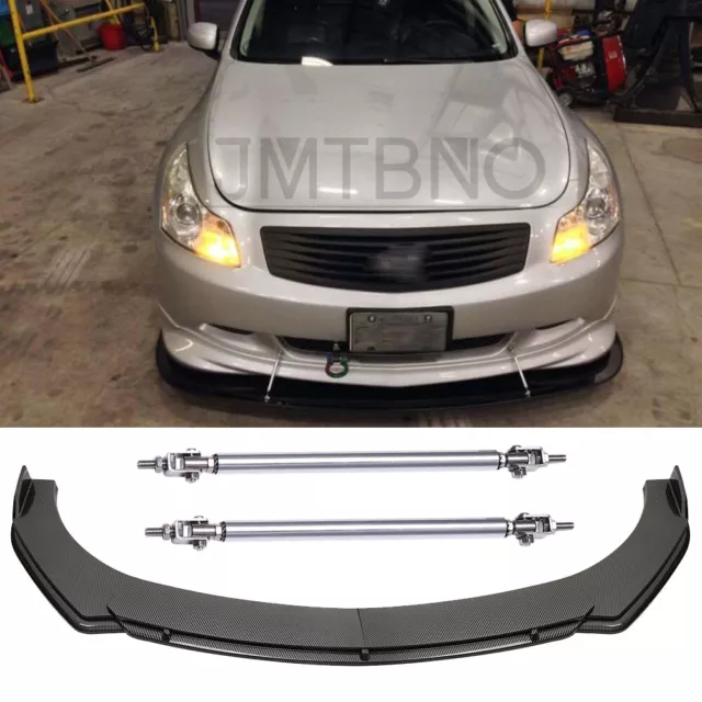 For Infiniti G35 G37 Q60 Carbon Front Bumper Lip Spoiler Splitter + Strut Rods