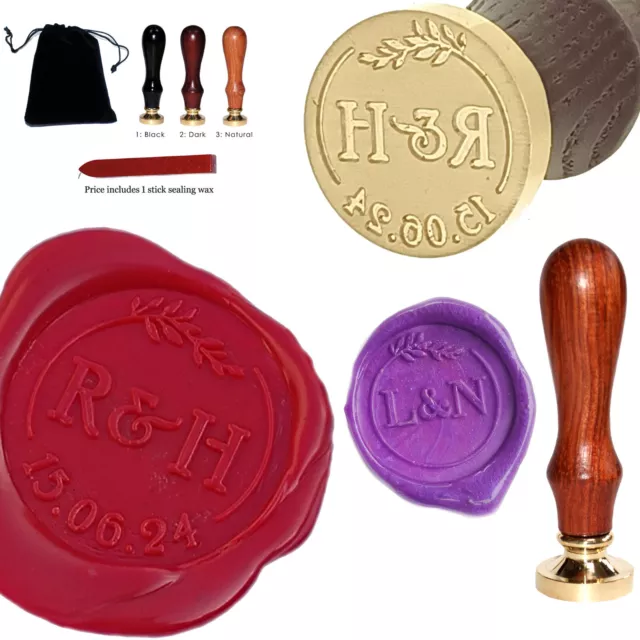 Personalised Wax Seal Stamp Leaf with Initials & Date - Custom Engraved Size 22m