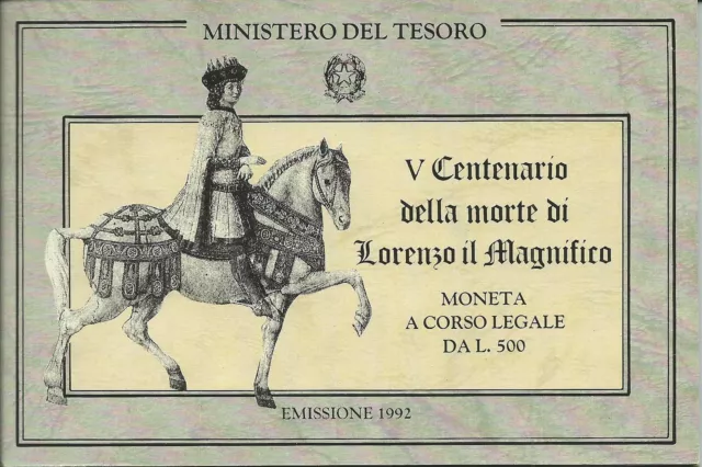 1992 der Republik Italienisch 500 L V Prozent Tod Lorenzo Prächtige FDC MF23800