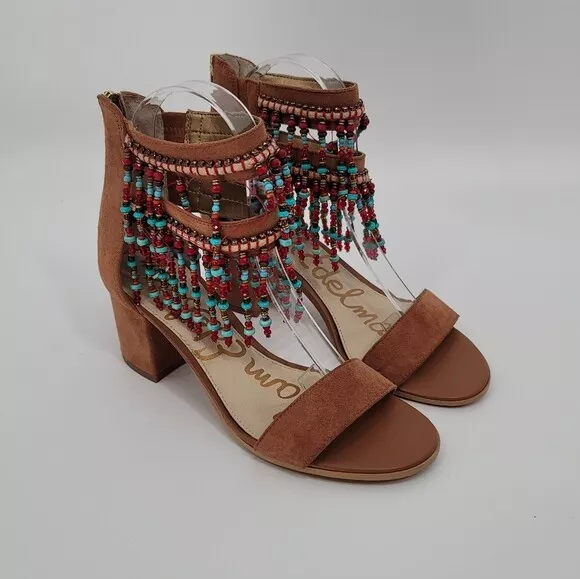 Sam Edelman Sibel Beaded Ankle Strap Sandals Size 6 Block Heel Brown Tan