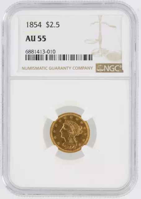 1854 Quarter Eagle NGC AU55 $2.5 Liberty Head Flashy Luster Gold Coin