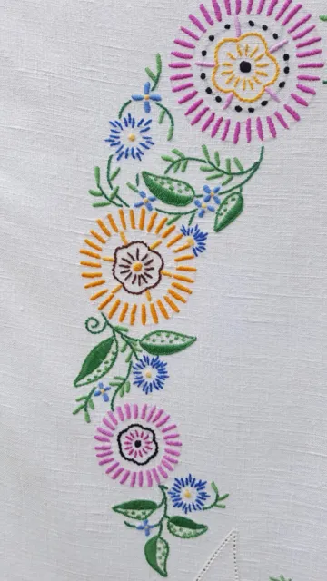 Vintage embroidered linen tablecloth, beautiful quality stitching, 42" X 41"