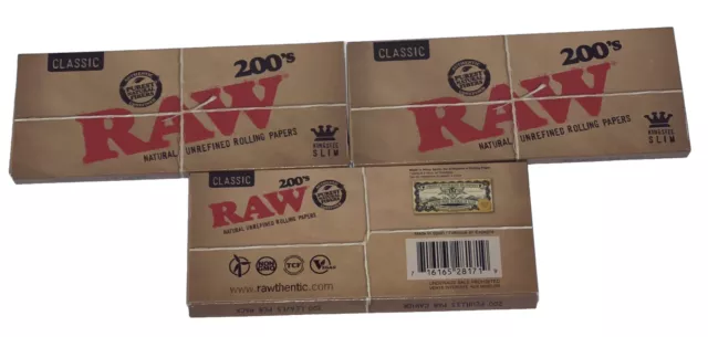 3 Packs RAW 200's Classic King Size Slim Flat Pack, Uncreased Rolling papers 2