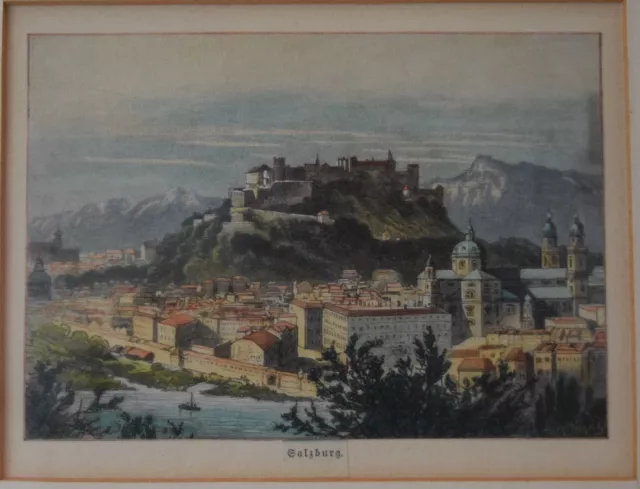 Original Holzstich v. Knesing coloriert Salzburg Dom+Festung um 1870 mit Rahmen 2