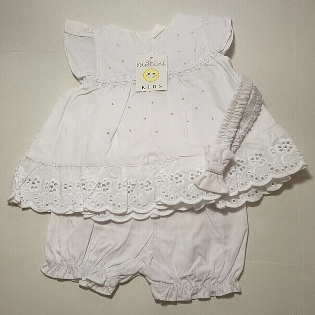 Pantaloni Abito Bambina Fascia Bianco Cotone Stile Spagnolo Foderato 3-6 6-9 mesi