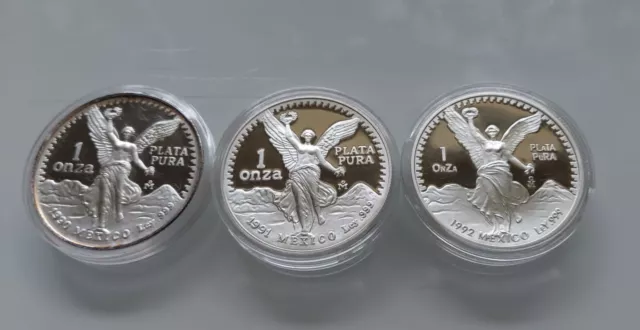 Mexico Libertad / Plata Pura Ley 999 / 1 Unze Silber Ausgabe 1990 +1991 + 1992