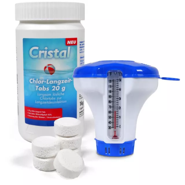 CRISTAL Chlor-Langzeit-Minitab 20g + Dosierschwimmer mit Thermometer Pool BAYROL