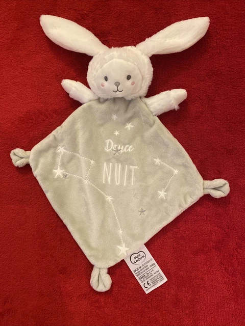Doudou Lapin Blanc Mouchoir Gris Taupe Douce Nuit Étoiles MOTS D ENFANTS NEUF