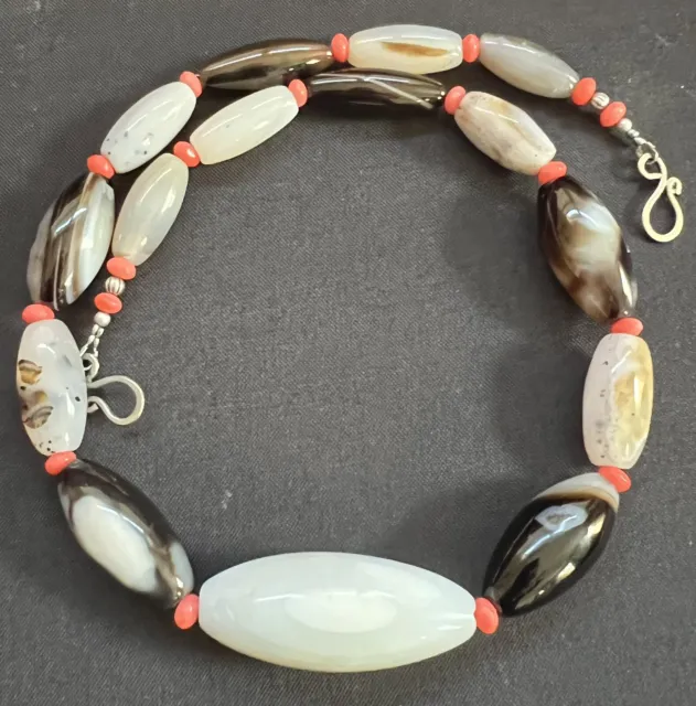 Idar Oberstein old trade beads & Black & White agate With Salmon Coral necklace.
