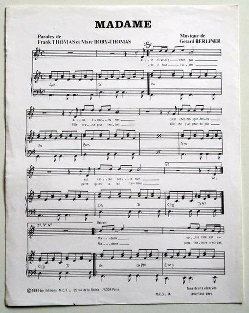 PARTITION VINTAGE SHEET music MADAM Madam * 80's Berliner BoryThomas