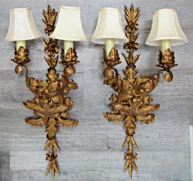 Matched Pair of Italian Gold Metal Louis XV Style Two Light Large Wall Sconces
