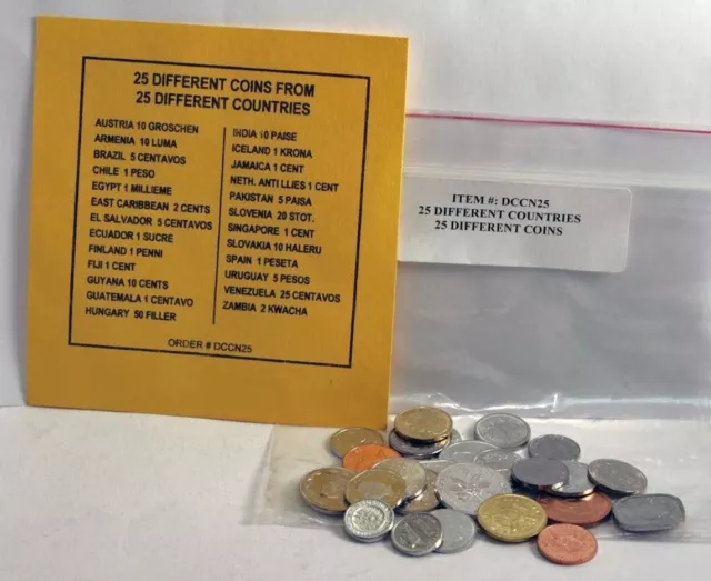 25 World Foreign Coins From 25 Different Countries. FREE identifier list!