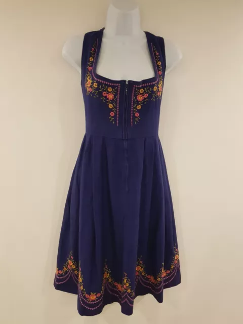 Vintage Dress Blue Pinafore Retro Floral Cotton Embroidery Dirndl Oktoberfest 12