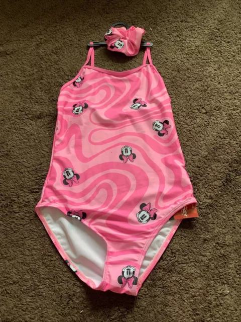 BNWT Disney Girls Age 10-11 Pink Multi Swimming Costume With Scrunchie