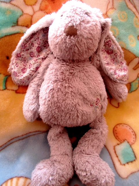 doudou peluche atmosphera lapin gris fleur très très bon état 46/59CM