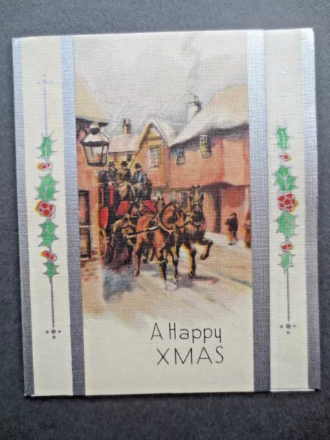 Vintage CHRISTMAS Card 1930s Raphael Tuck Stagecoach Coaching Scene Snowy Town