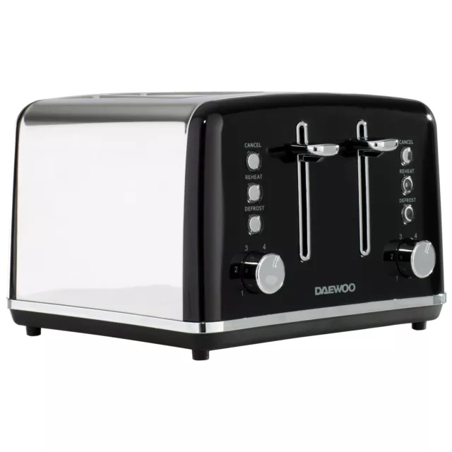 Daewoo Kensington Toaster 4 Slice Defrost Reheat Stainless Steel Black 1750W