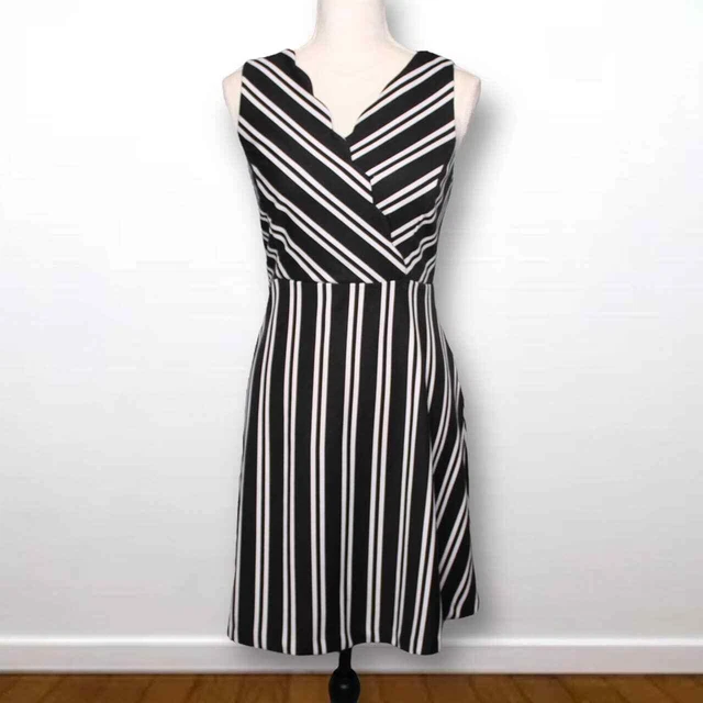 ELLE Black & White Striped Scalloped Fit & Flare Dress