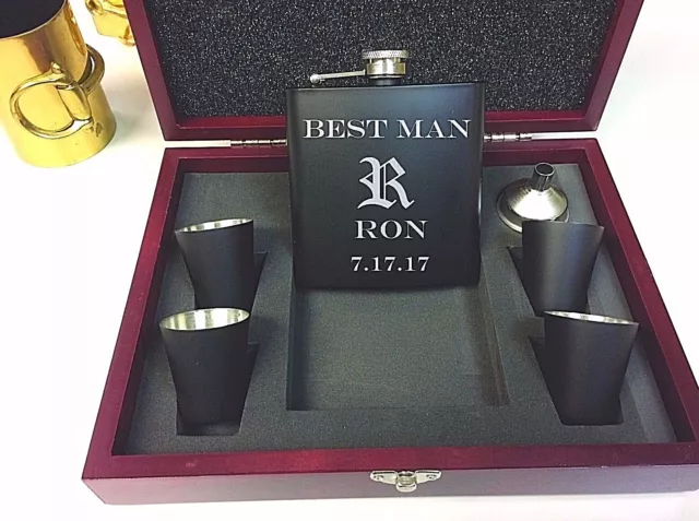 6 Personalized Engraved Flask Groomsmen Wedding Party Gift Sets Custom Wood Case